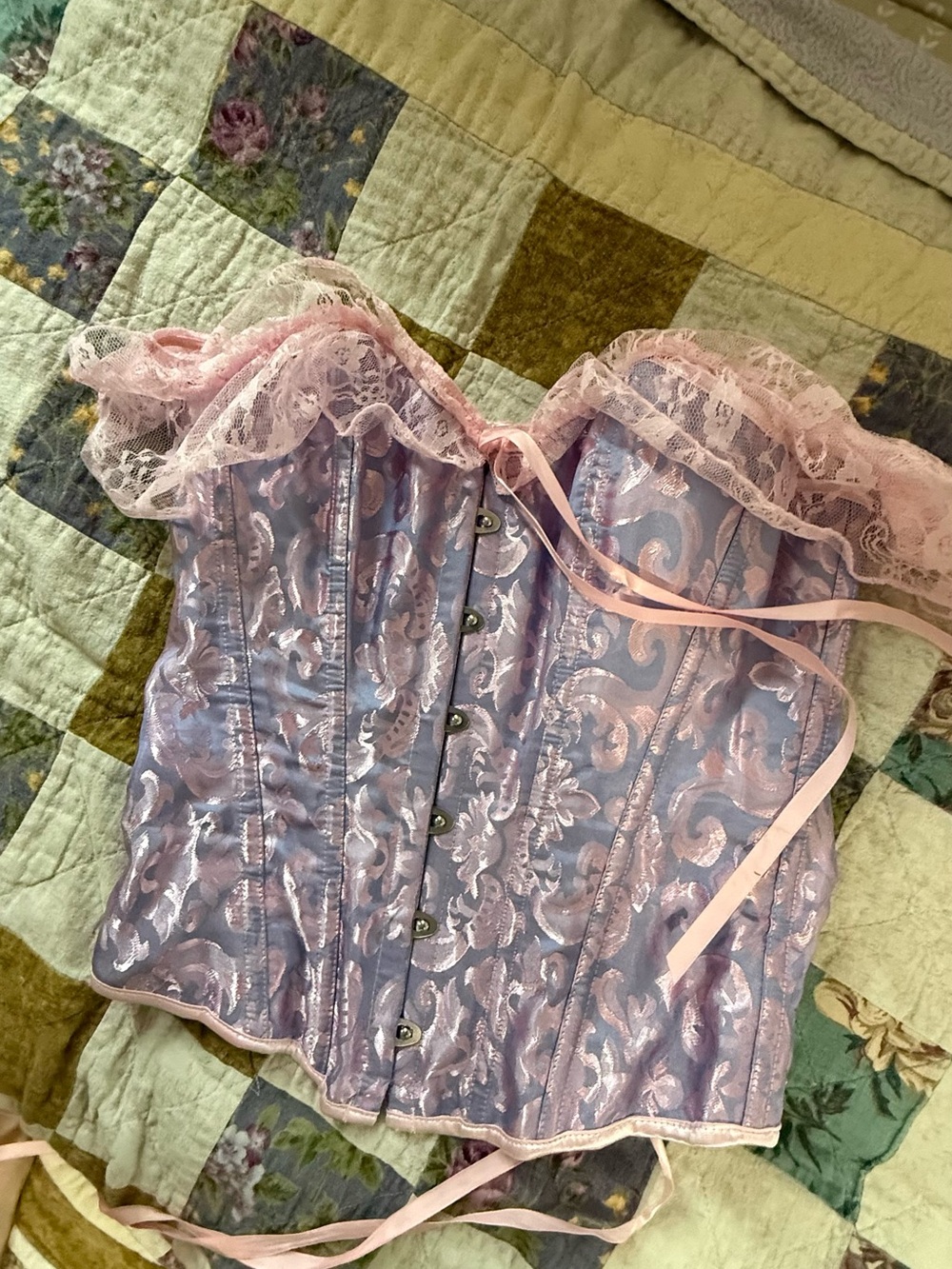 Pink Lace-Trim Brocade Corset Top